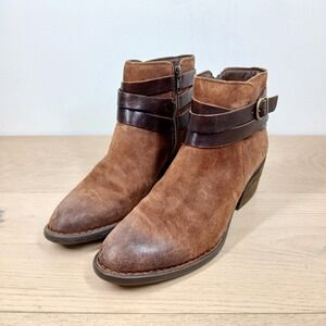 Born Ankle Boots Womens 8 Tan Suede Leather Distressed Strap Buckle  Block Heel
